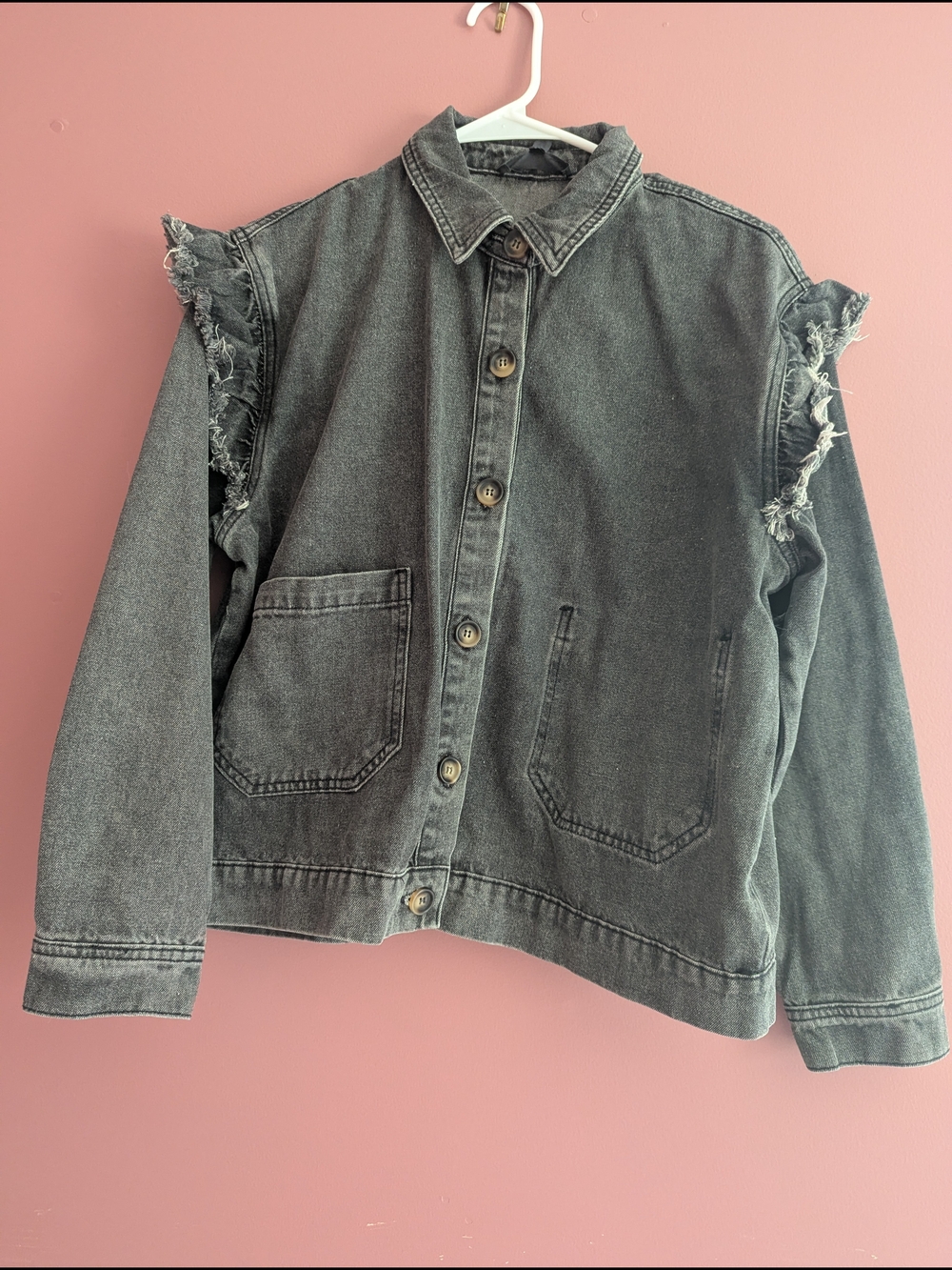NWT Grade & Gather Oversized Frayed Black Denim Jacket Size Small